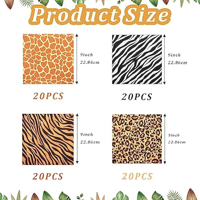 PACK OF 80 SAFARI NAPKINS WITH ANIMAL PRINTSLEOPARD, ZEBRA, TIGER, GIRAFFE FOR KIDS BIRTHDAY PARTY, BABY SHOWER, JUNGLE SAFARI THEME PARTY DECORATION - Image 3